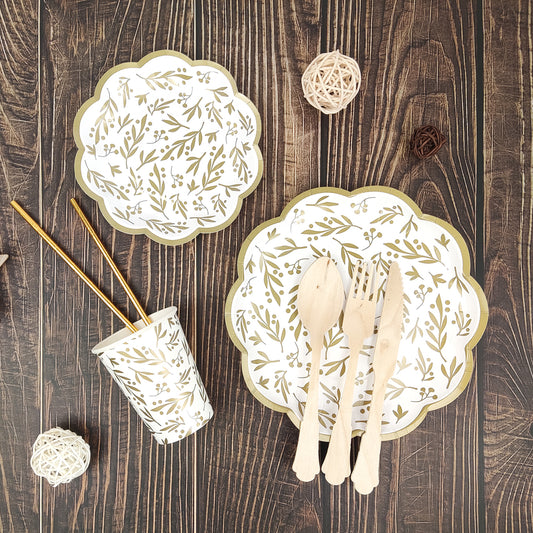 Party Supplies White Paper with Gold Leaf Disposable Paper Tableware Set with Solid Printing Paper Party Supplies
