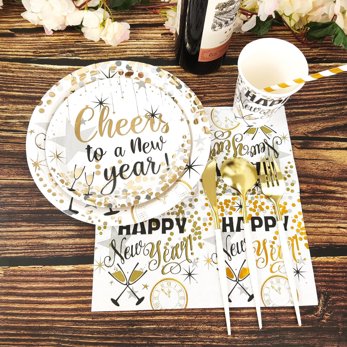 White Happy New Year Wholesale Disposable Paper Party Tableware Set Plates Cups Napkins