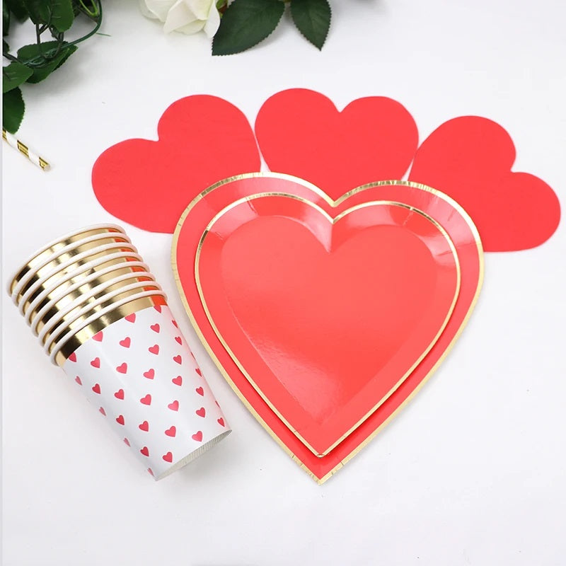 Event Party Supplies Paper Plates Napkins Cups In Heart Shaped Tableware Dinnerware Kit For Birthday Weddings Valentine for 8 guests