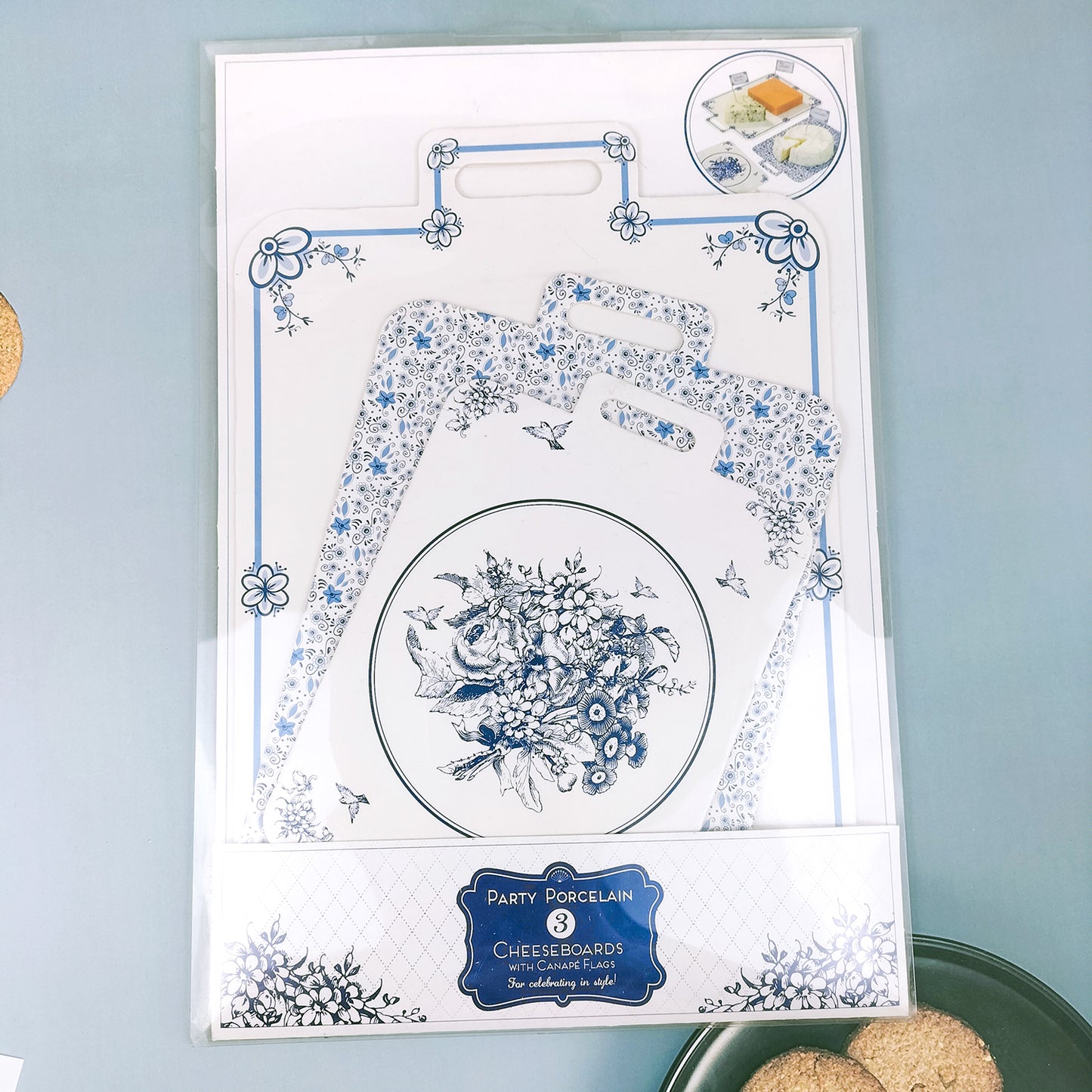 Porcelain Paper Cheese Board for a Dinner Party or General Celebration, Blue & White (3 Pack)