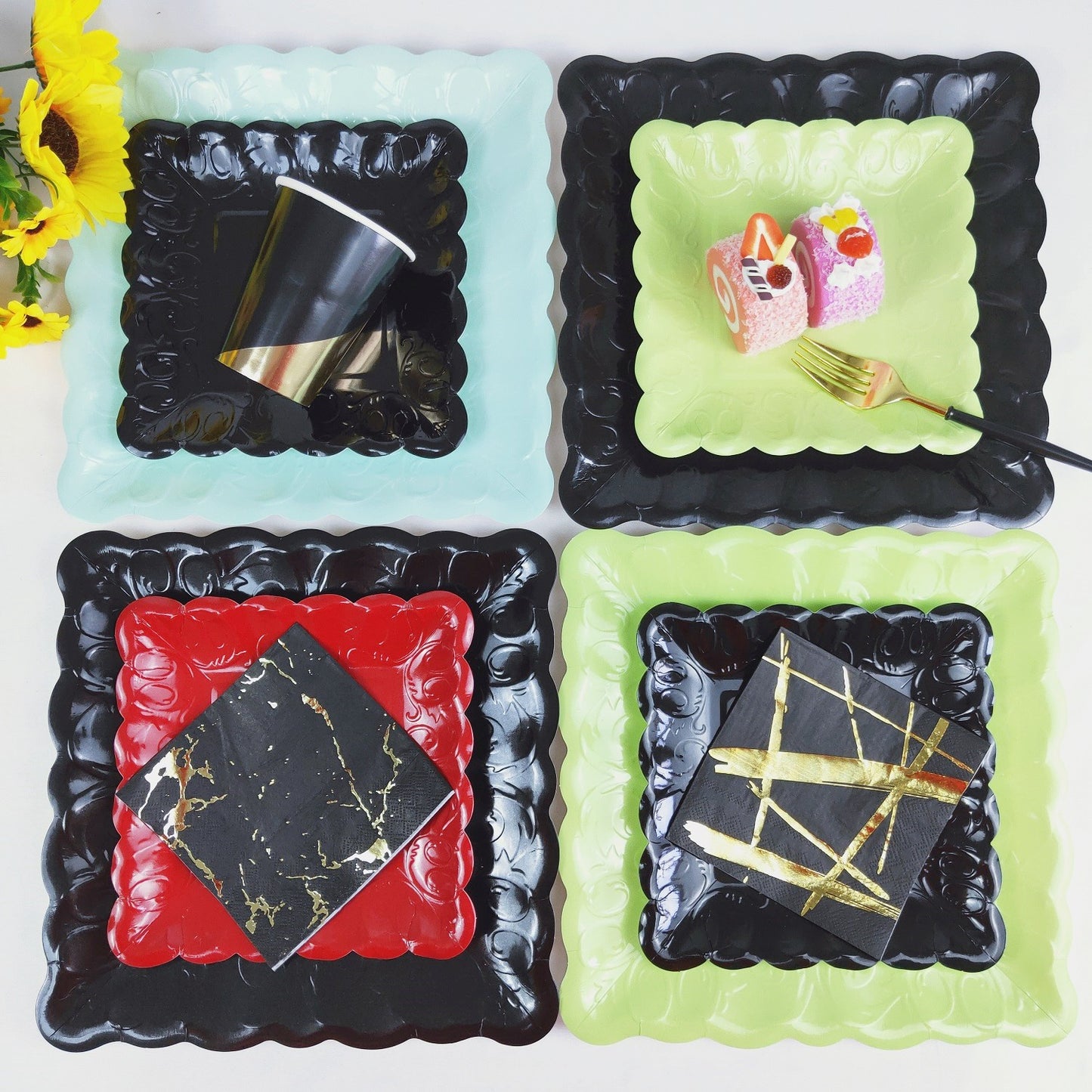 8PCs Black Square Luncheon Dinner Serving Paper Plates Disposable Embossed Party Plate