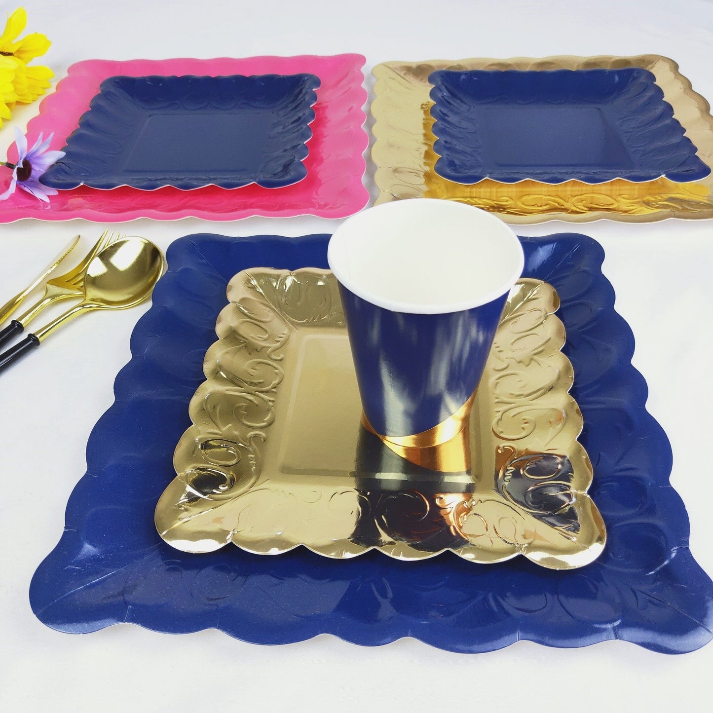 8PCs Navy Blue Square Luncheon Dinner Serving Paper Plates Disposable Embossed Party Plate