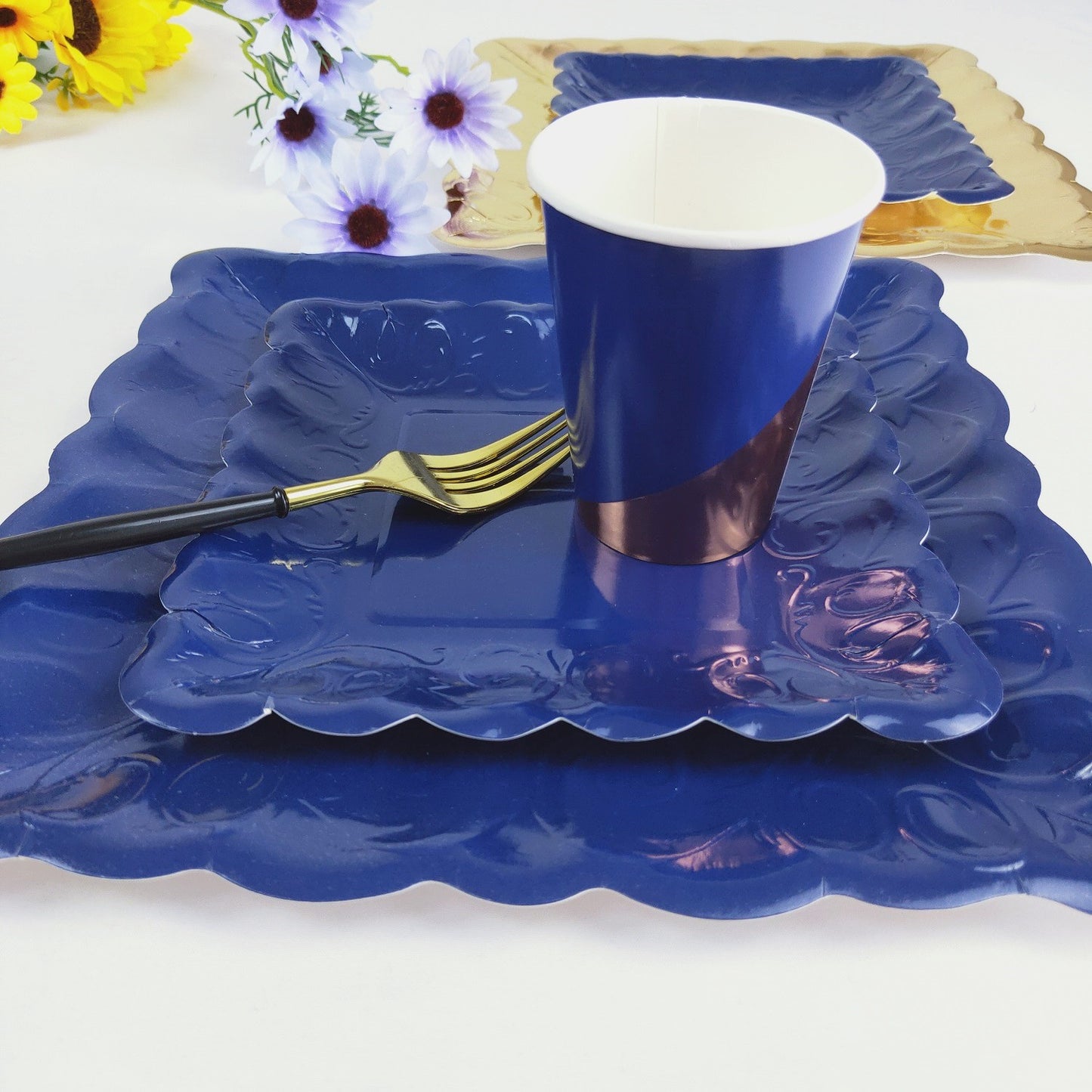 8PCs Navy Blue Square Luncheon Dinner Serving Paper Plates Disposable Embossed Party Plate