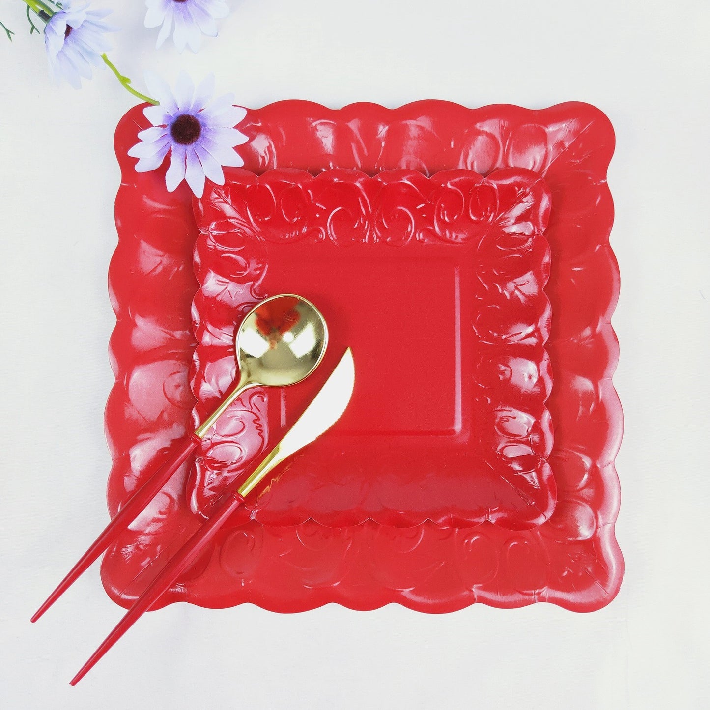 Red Square Embossed Floral Scalloped Edge Large Paper Plates * 8PCs