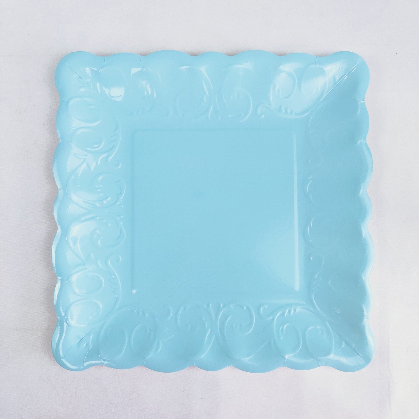 Blue Square Embossed Floral Scalloped Edge Large Paper Plates * 8PCs