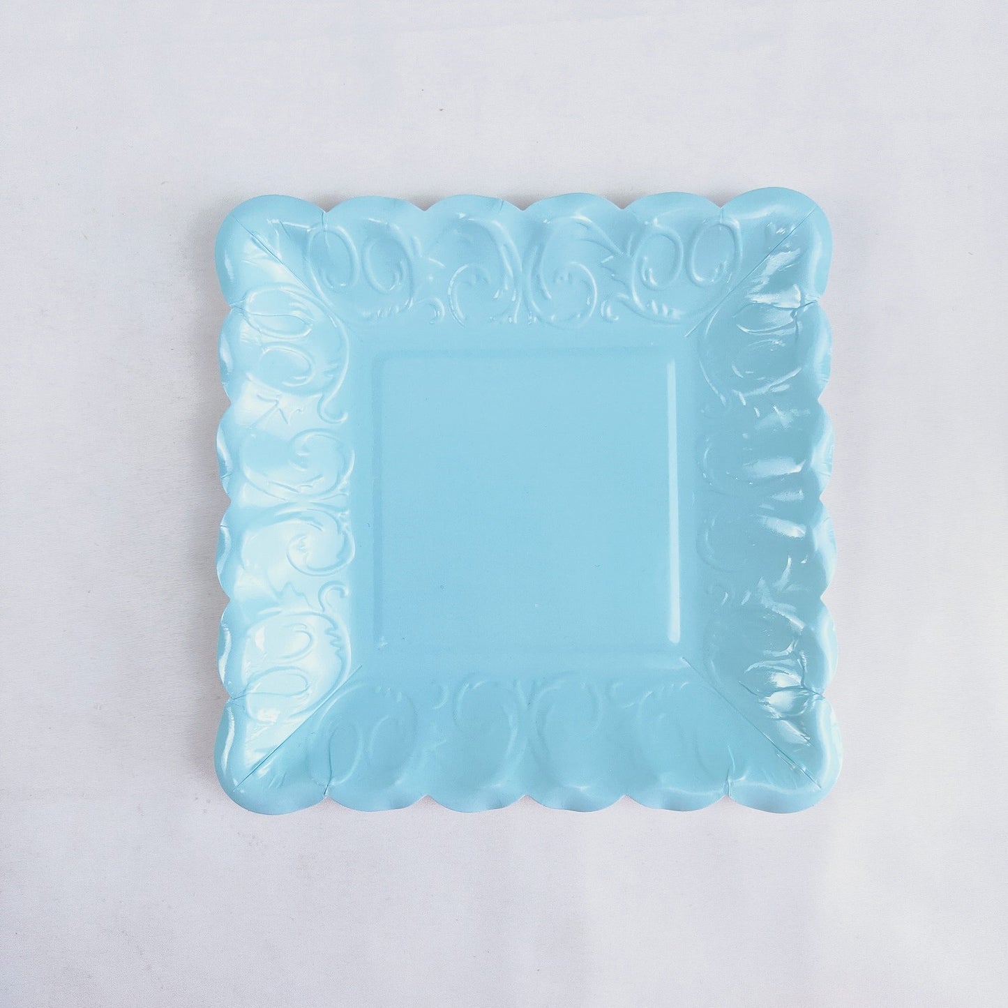 Blue Square Embossed Floral Scalloped Edge Large Paper Plates * 8PCs