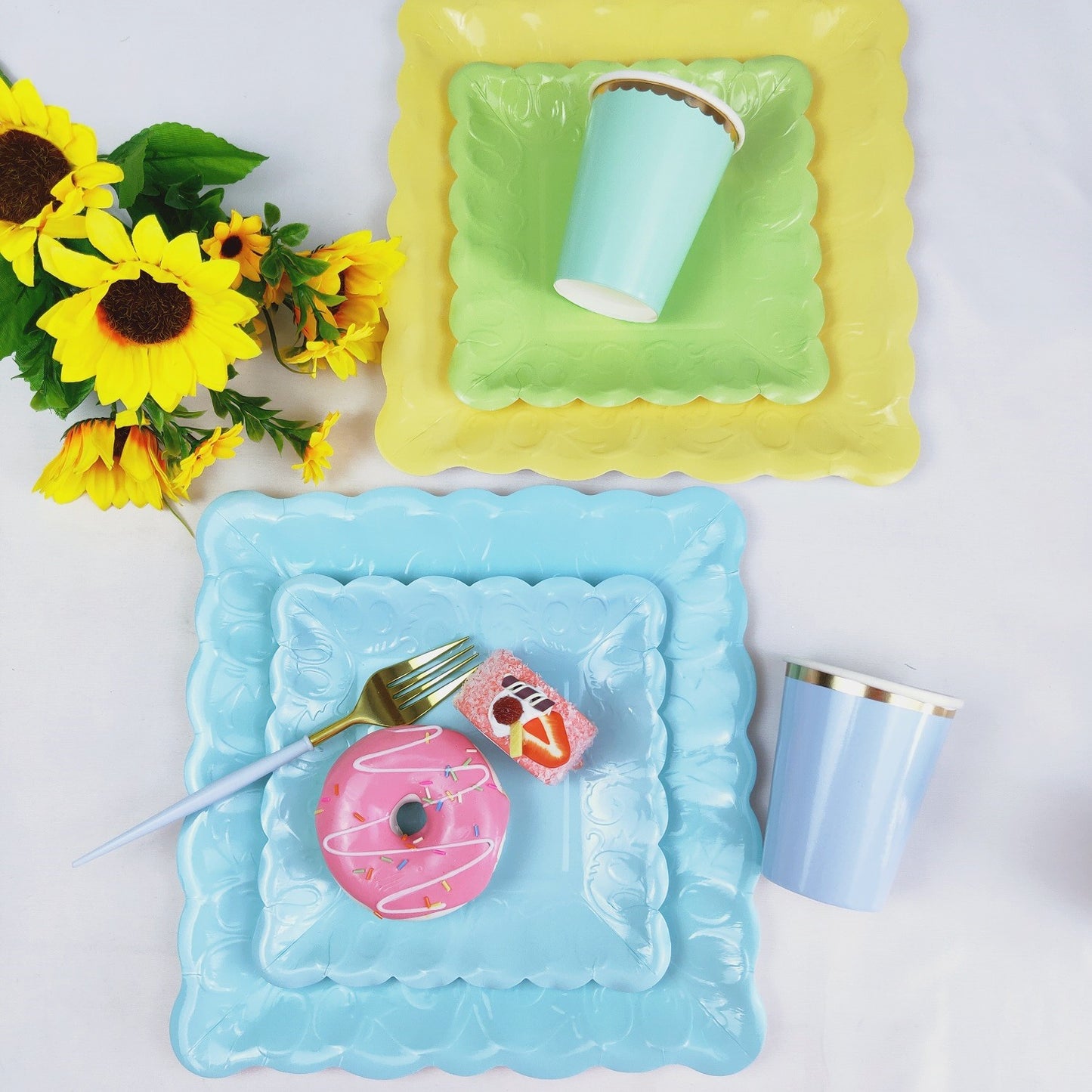 Blue Square Embossed Floral Scalloped Edge Large Paper Plates * 8PCs