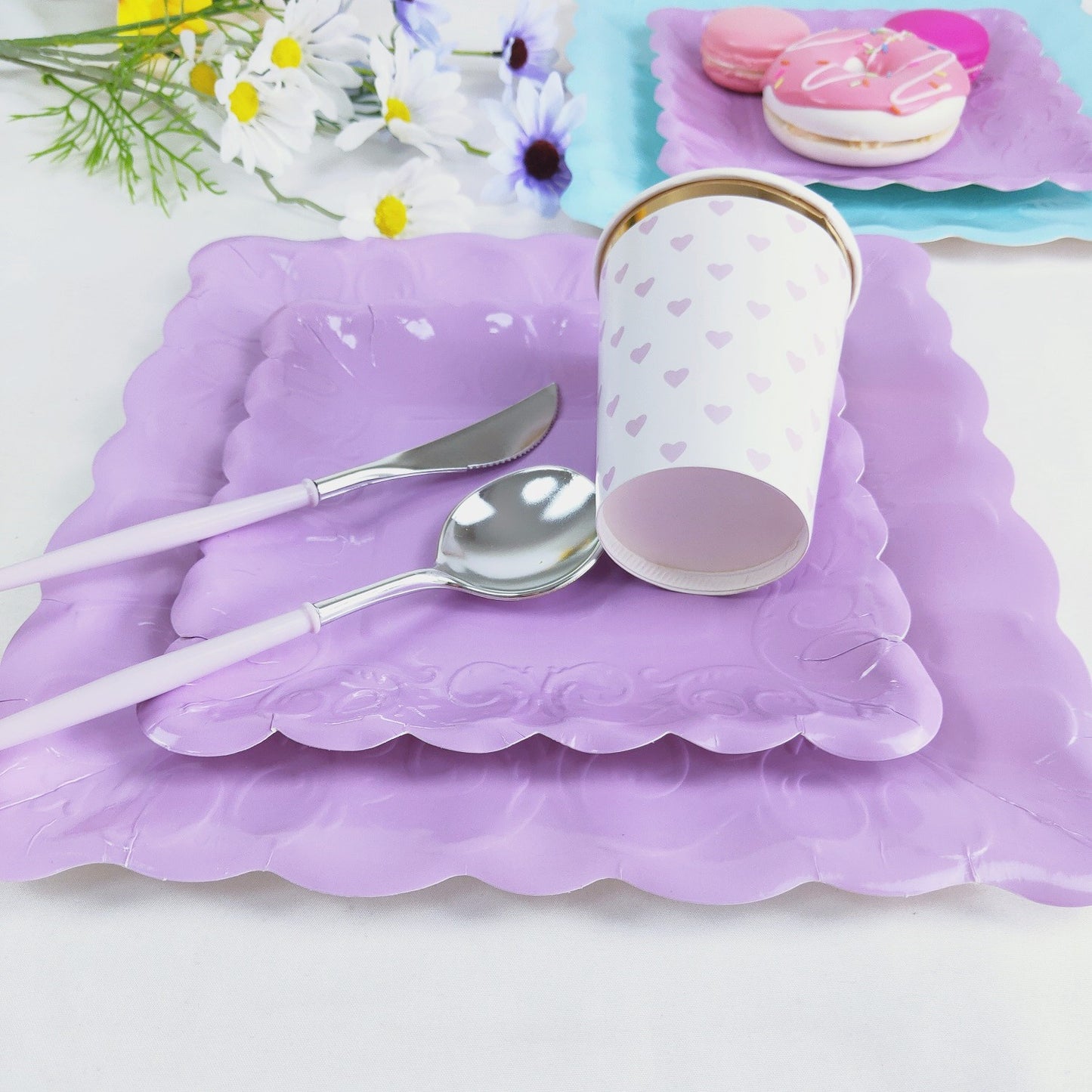 8PCs Purple Square Luncheon Dinner Serving Paper Plates Disposable Embossed Party Plate