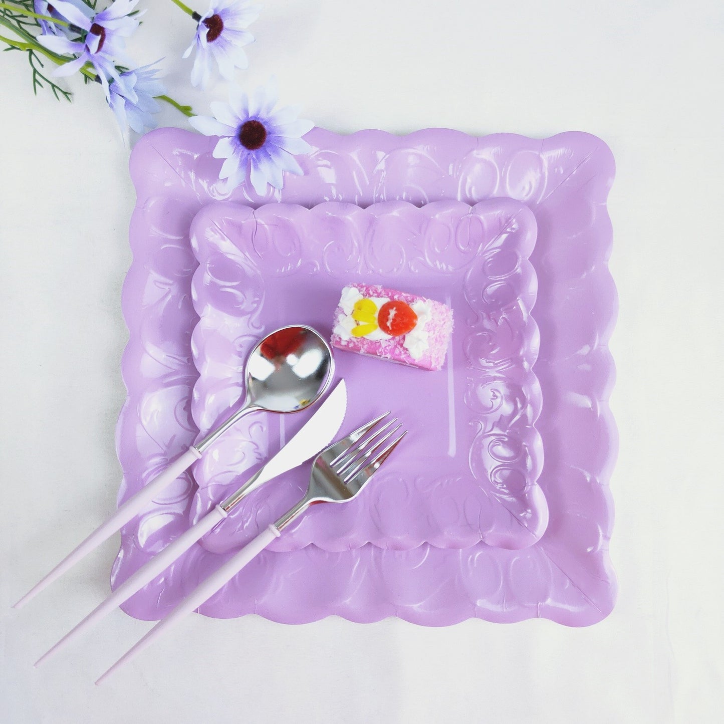 8PCs Purple Square Luncheon Dinner Serving Paper Plates Disposable Embossed Party Plate