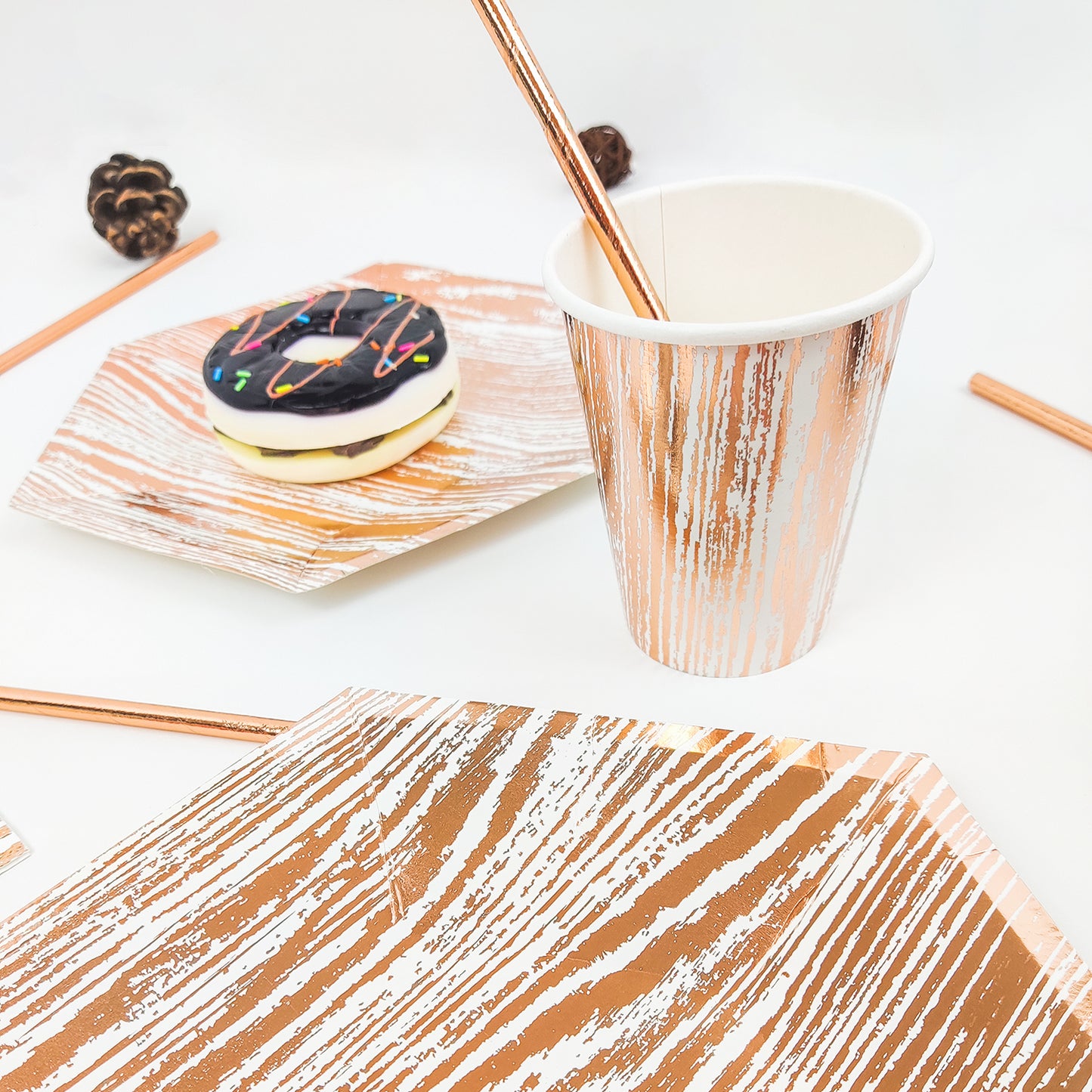 Palmy New Design Rose Gold Sliver Wood Grain Printed Disposable Party Tableware set Paper Plates paper Cups Napkins Party Supplies
