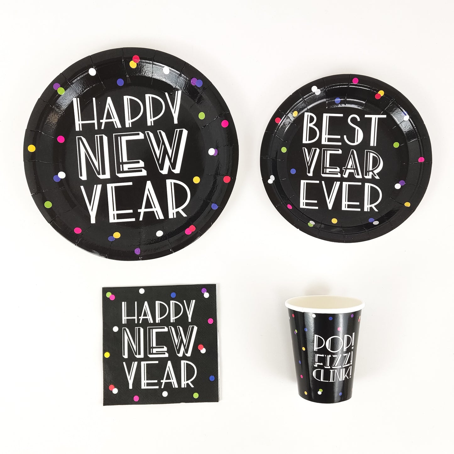 Black Happy New Year Disposable Paper Tableware Set Party Supply