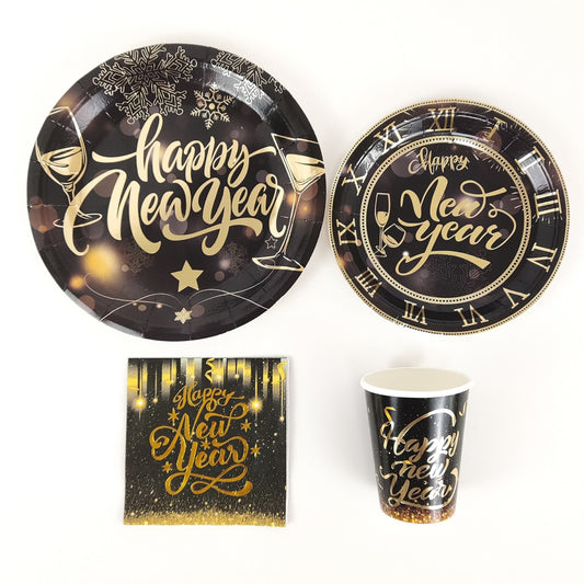 Happy New Year Eve Disposable Paper Party Tableware Set Supply Festive Holiday Decoration