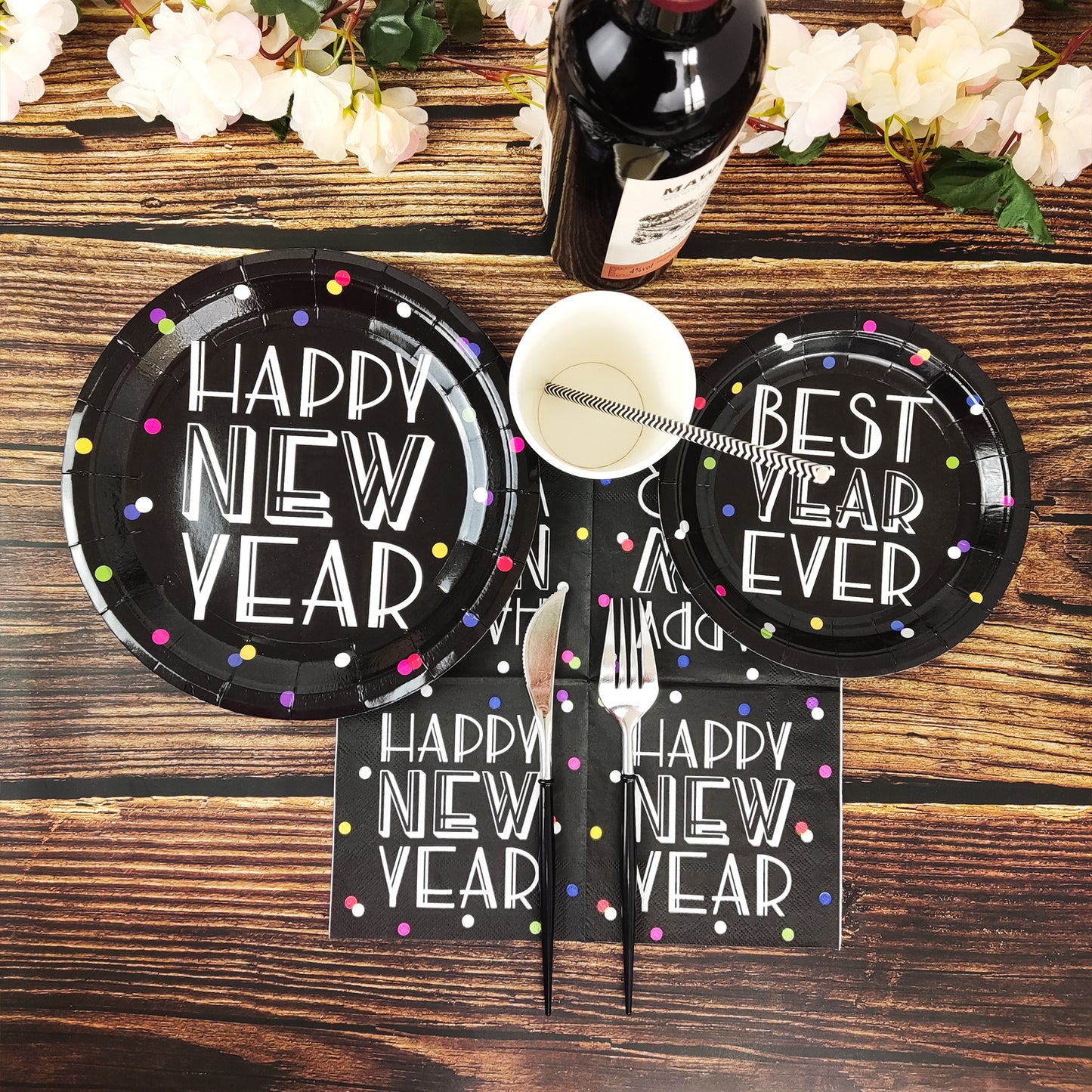 Black Happy New Year Disposable Paper Tableware Set Party Supply