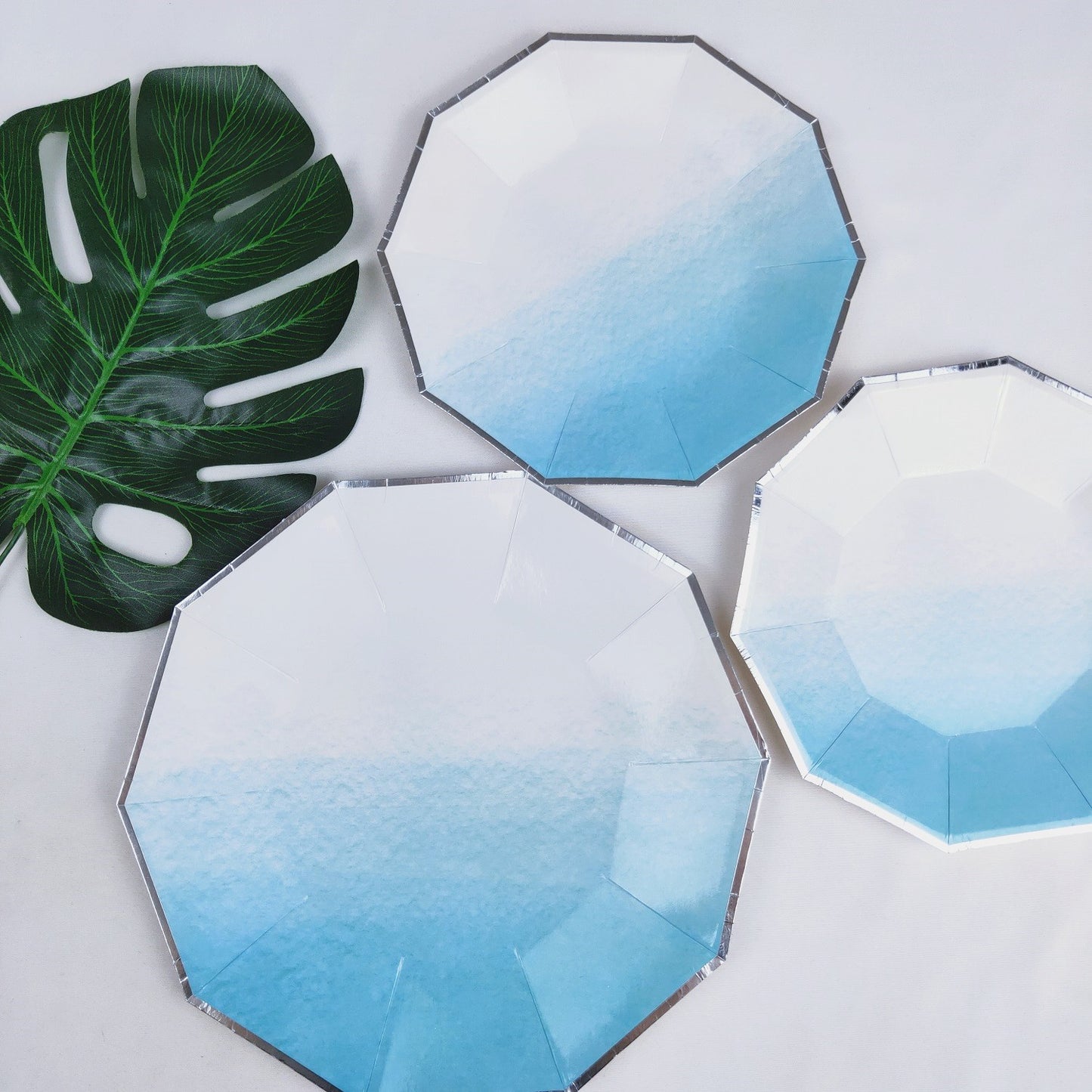 Summer Blue Ocean Party Supplies Decorations Silver Rim Decagon Paper Plates and Cups and Napkins Tableware Sets for 8