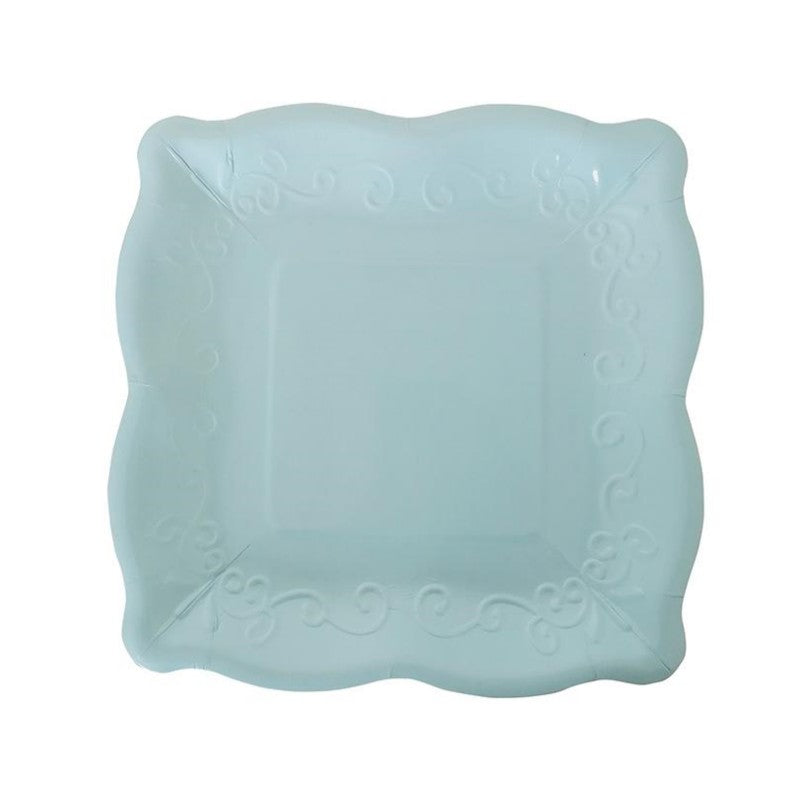 8PCs Blue Square Luncheon Dinner Serving Paper Plates Disposable Embossed Floral Retro Party Plate