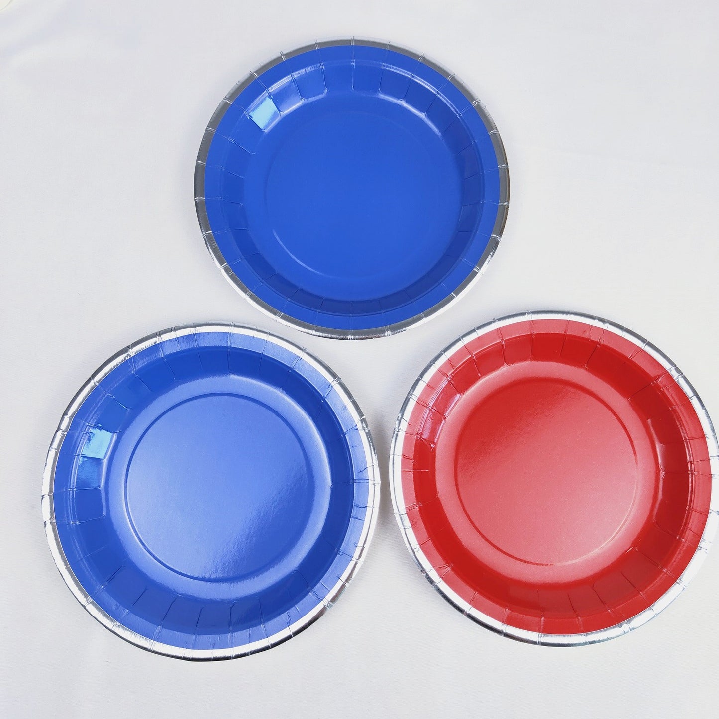 8PCs Silver Rim Solid Red Blue Round Paper Plates Party Supplies 7 inch