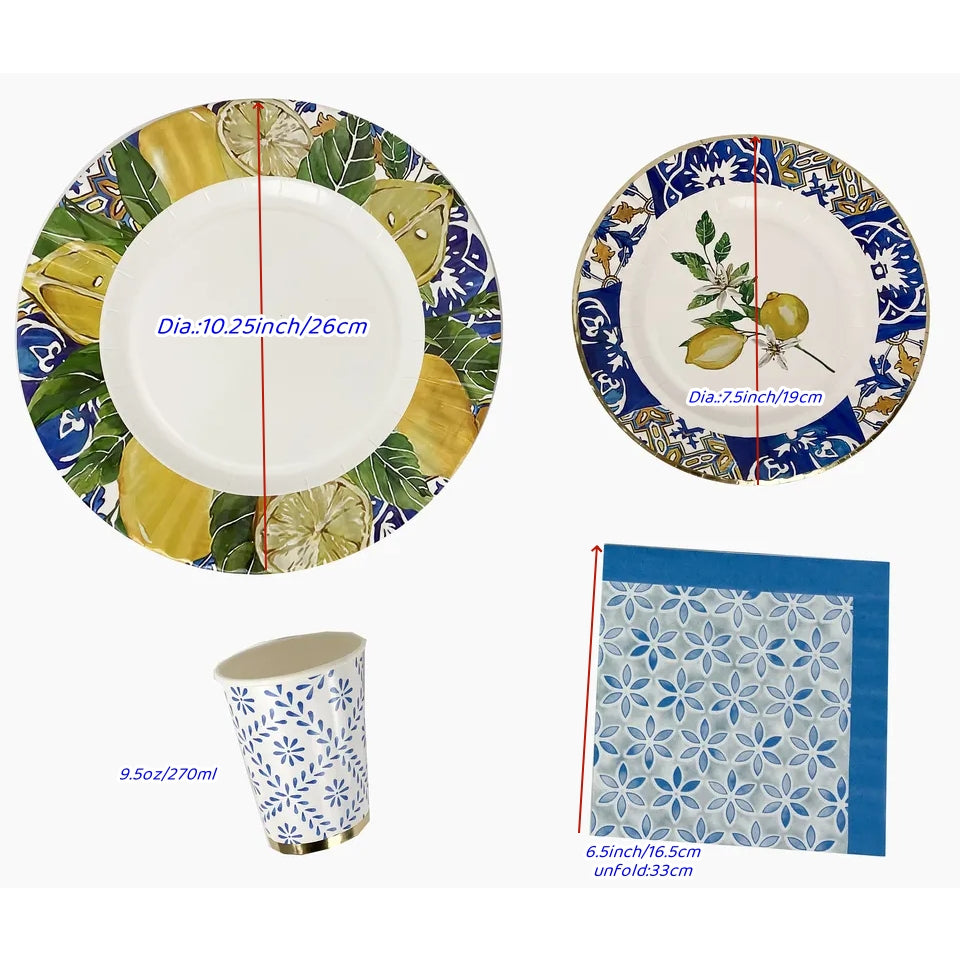 Pastoral Style Lemon Disposable Party Kit Paper Plates Cups Napkins Tableware Set for Picnic Camping Decoration