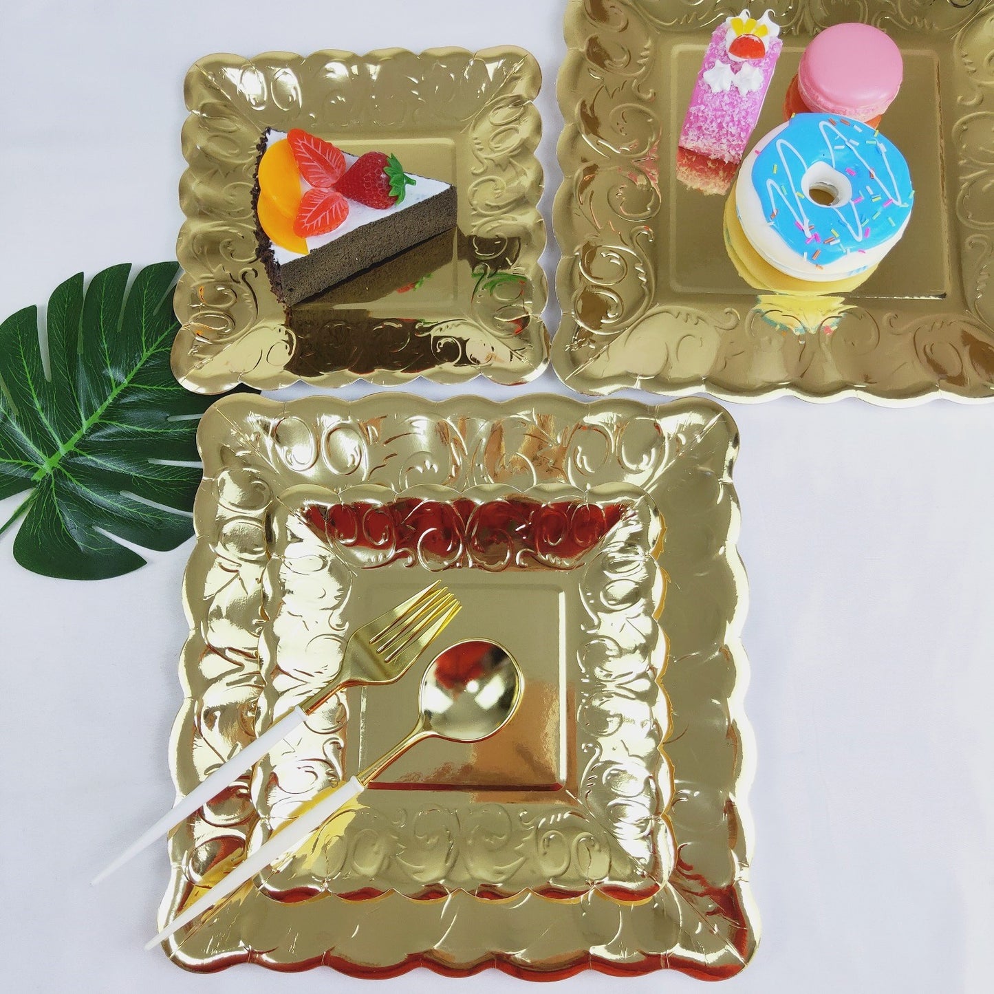 8PCs Gold Square Luncheon Dinner Serving Paper Plates Disposable Embossed Party Plate