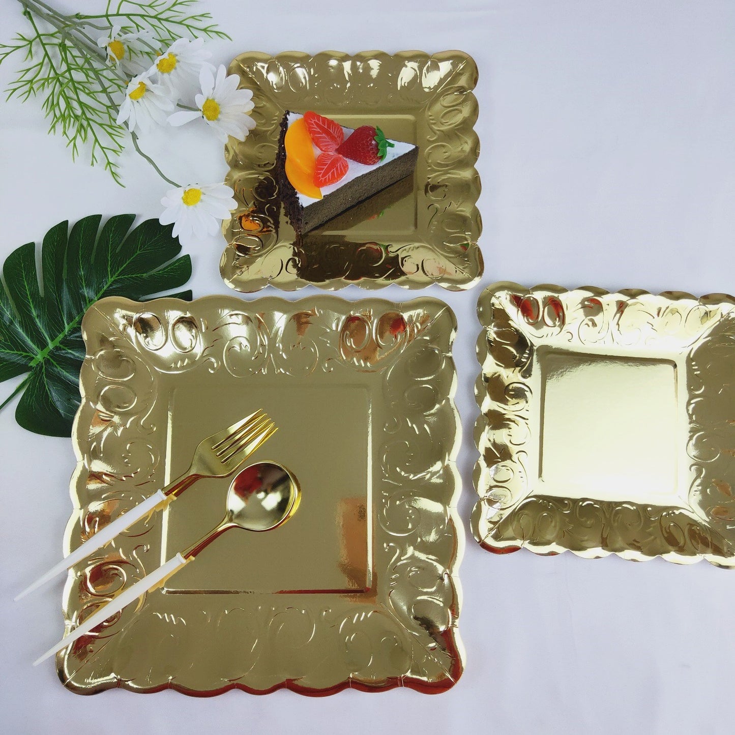 8PCs Gold Square Luncheon Dinner Serving Paper Plates Disposable Embossed Party Plate