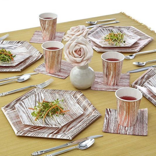 Rose Golden Wooden Pattern Paper Tableware Forest Party Supplies Plates and Cups and Napkins Sets for 8