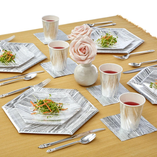 Silver Wooden Pattern Paper Tableware Forest Party Supplies Plates and Cups and Napkins Sets for 8