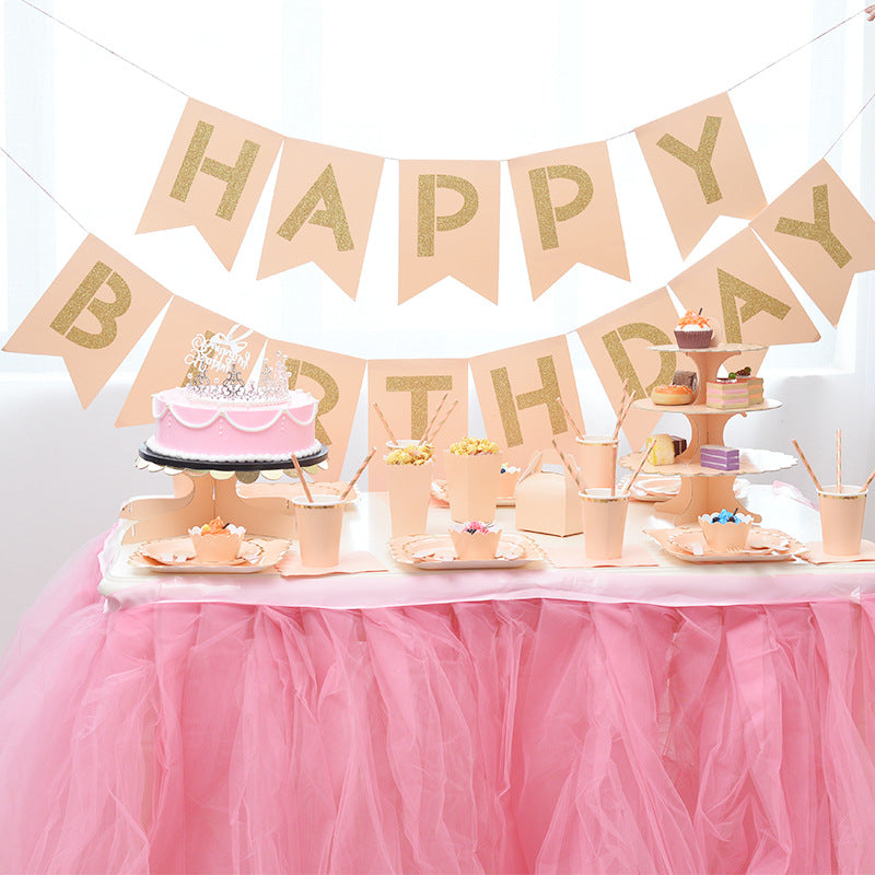 Gilding Happy Birthday Pink Paper Banner Flags Party Supplies Wall Decoration
