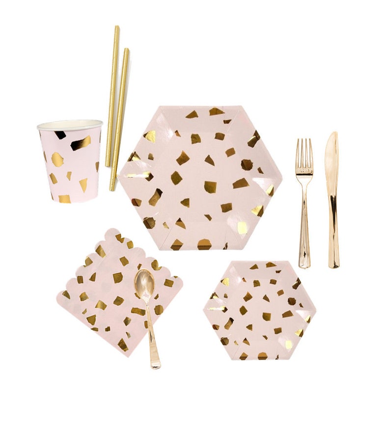 Golden Pattern Pink Paper Tableware Party Supplies Plates and Cups and Napkins Sets for 8