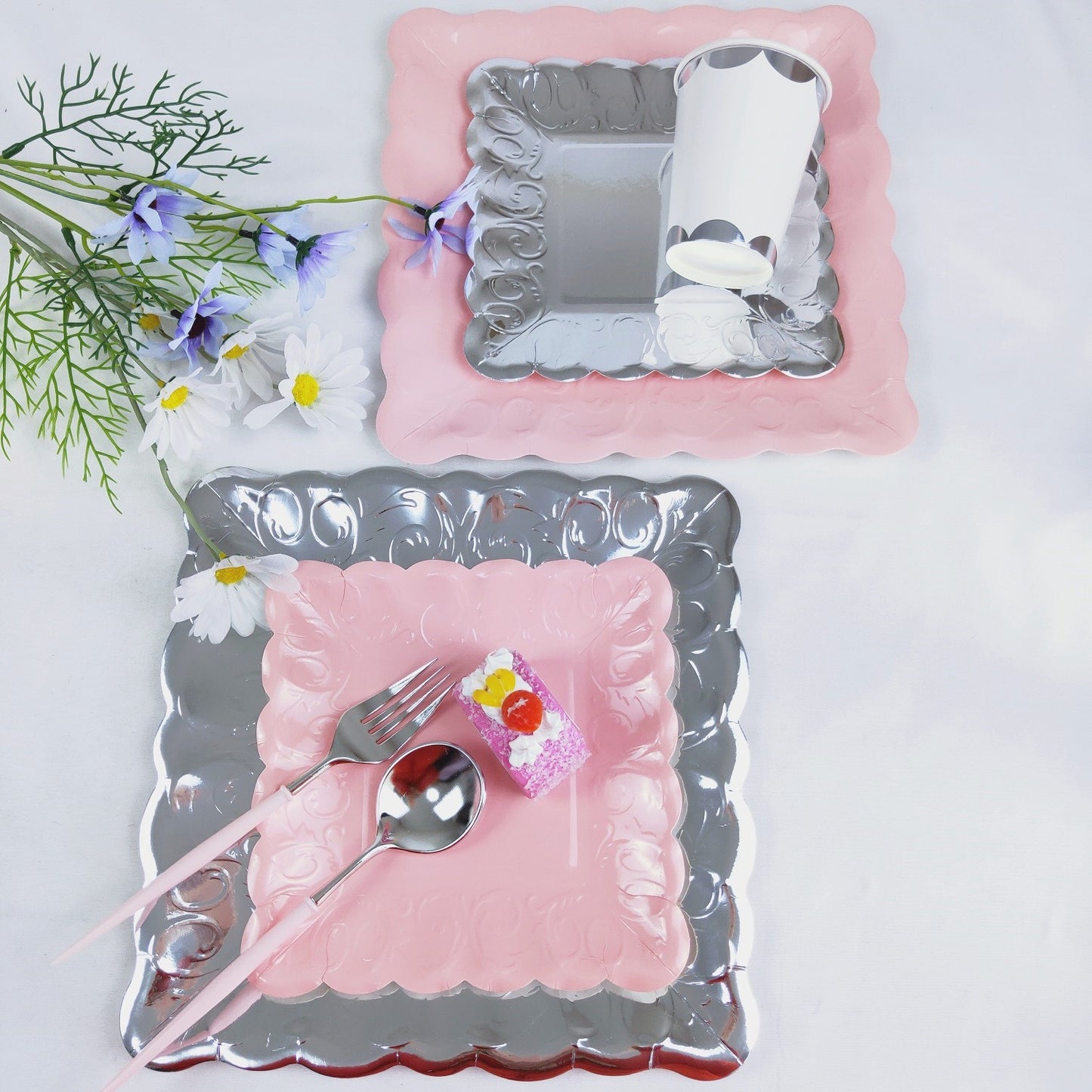 8PCs Silver Square Luncheon Dinner Serving Paper Plates Disposable Embossed Party Plate