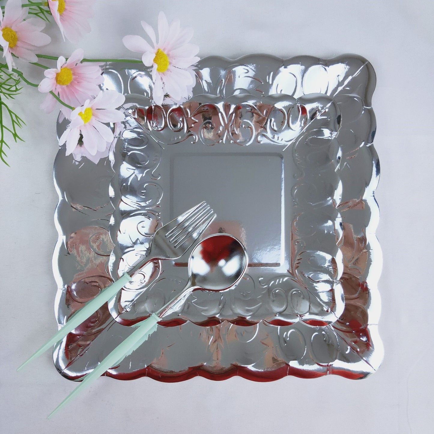 8PCs Silver Square Luncheon Dinner Serving Paper Plates Disposable Embossed Party Plate