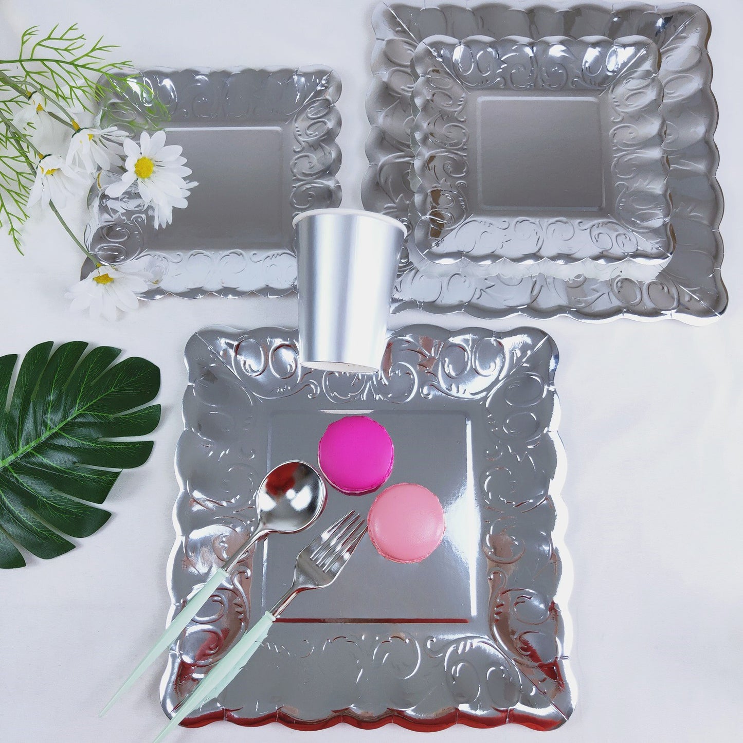 8PCs Silver Square Luncheon Dinner Serving Paper Plates Disposable Embossed Party Plate