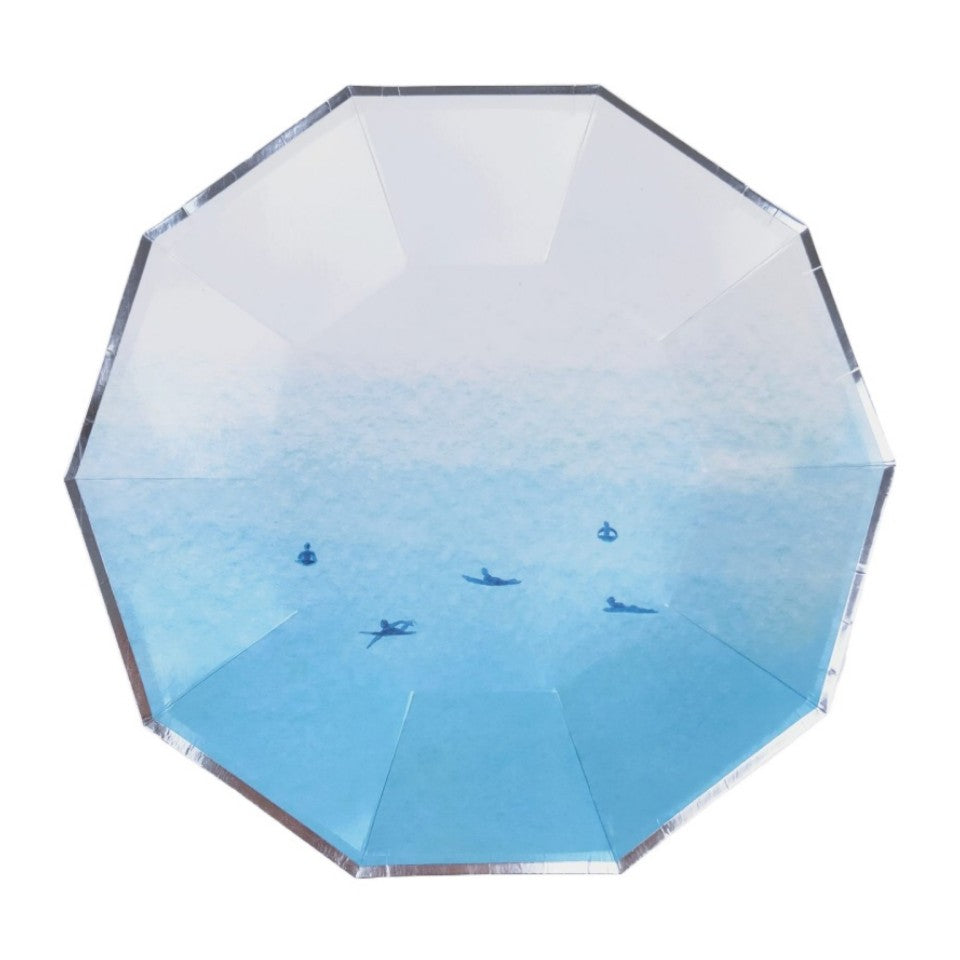 Summer Blue Ocean Surfing Swimming Party Supplies Silver Rim Decagon Paper Plates and Cups and Napkins Tableware Sets for 8