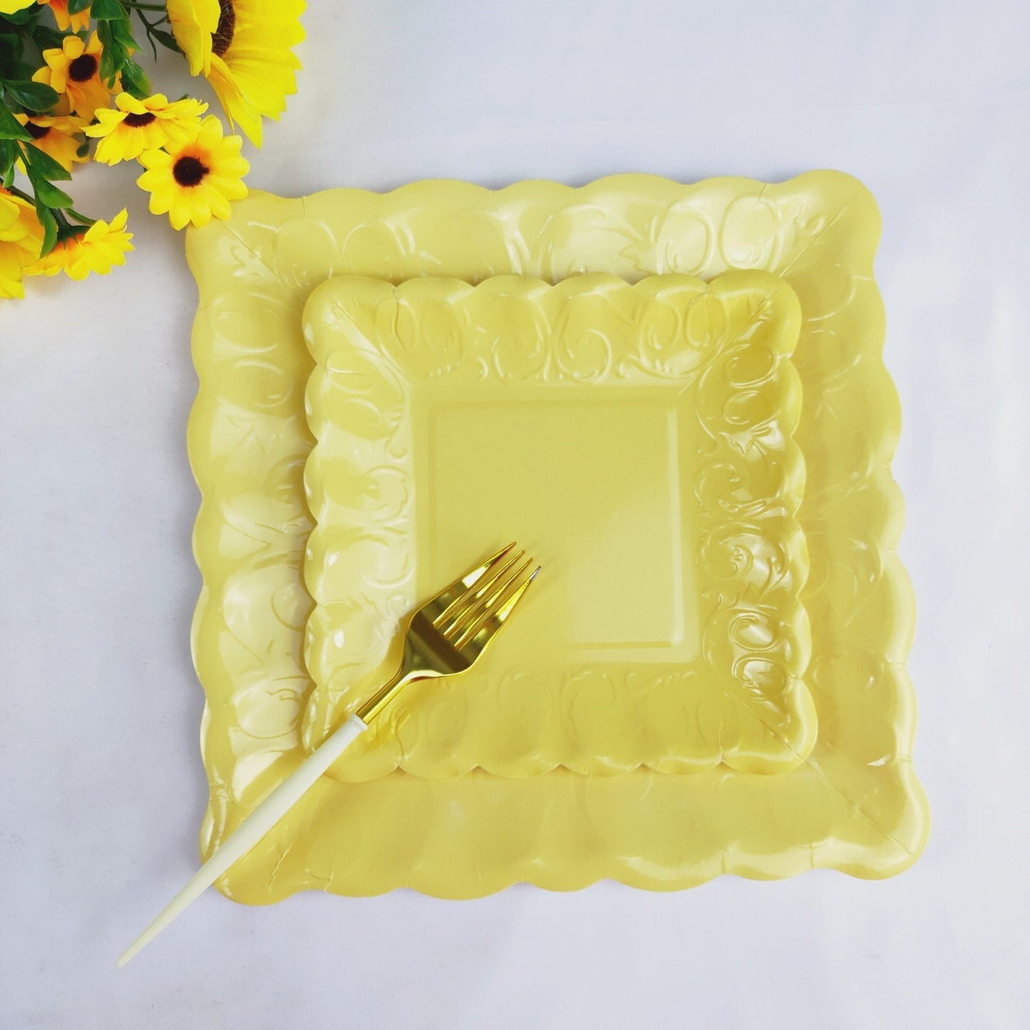 8PCs Yellow Square Luncheon Dinner Serving Paper Plates Disposable Embossed Party Plate