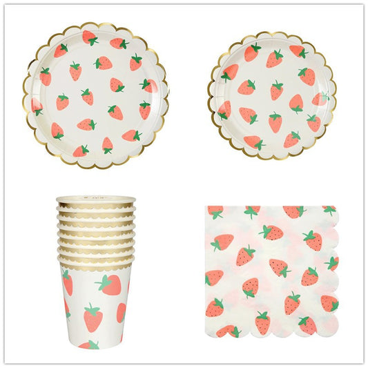 40PCs Strawberry Pattern Disposable Paper Tableware Set for Birthday Wedding Baby Shower Decoration Paper Plates Cups Napkin Party Supplies