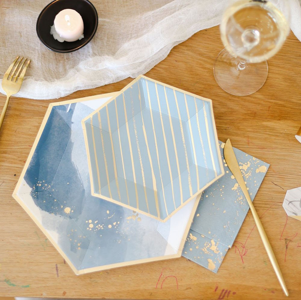 8PCs Aqua Blue Gilding Paper Plates Dinner Plate 10 inch