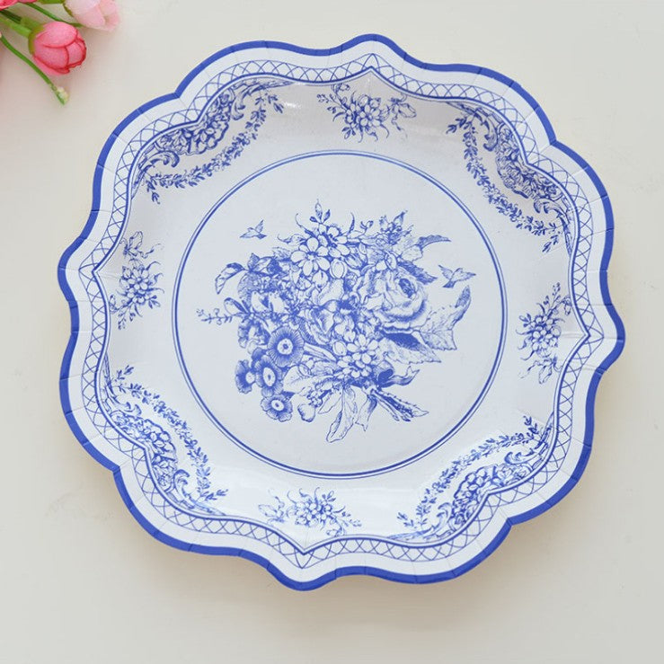 8PCs Chinese Style Blue Flower Large Paper Plates 11.8 inch Disposable Party Supply