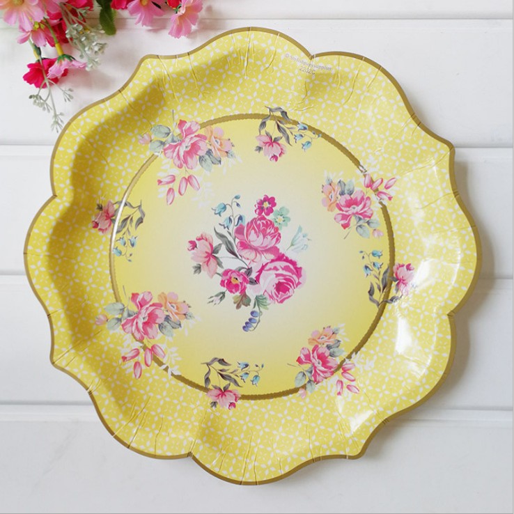 8PCs Chinese Style Floral Yellow Large Paper Plates 30cm