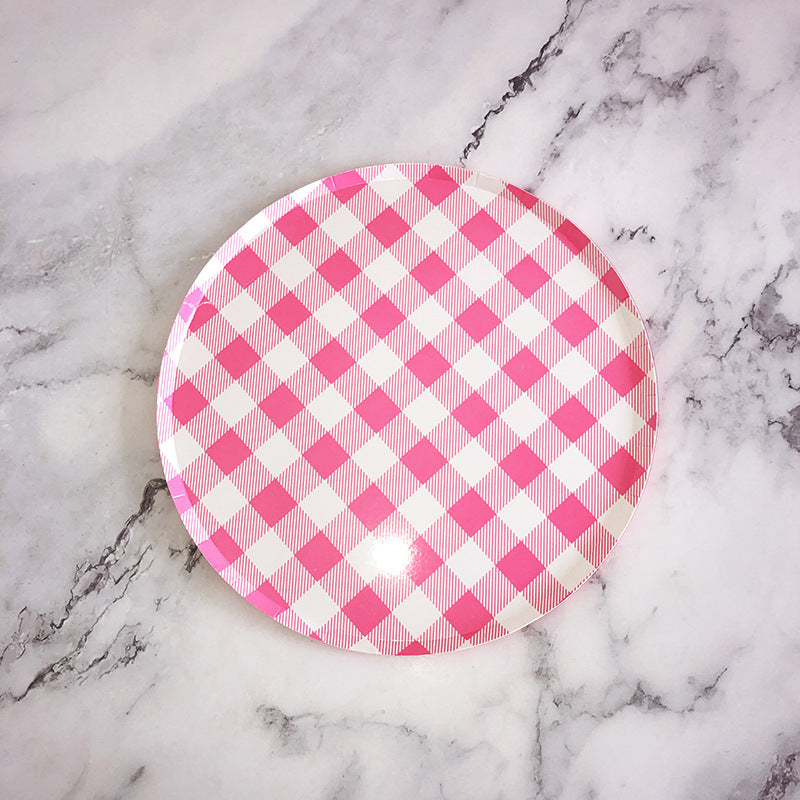 8PCs 7/9 inch Pink Check Pizza Paper Plates Dinner Picnic Wedding Birthday Party Supplies Disposable Plates