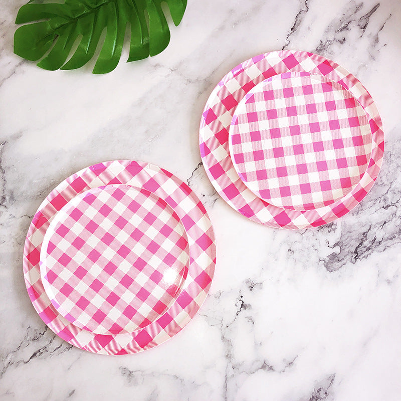 8PCs 7/9 inch Pink Check Pizza Paper Plates Dinner Picnic Wedding Birthday Party Supplies Disposable Plates