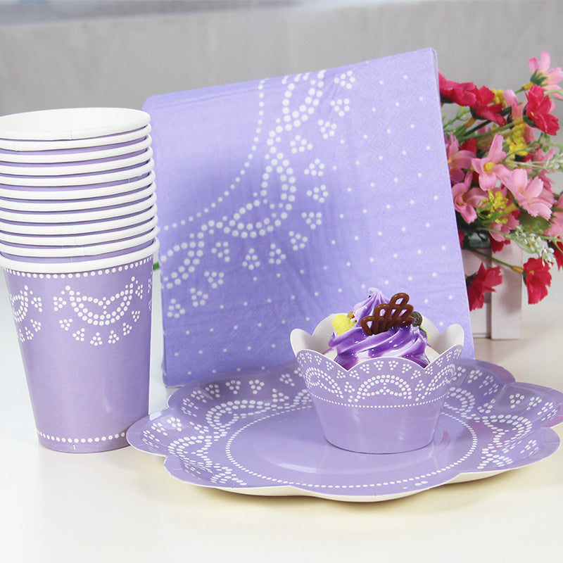 56PCs Lace Pattern Disposable Paper Tableware Set Wedding Baby Shower Birthday Party Supplies Decoration Paper Cupcake Cups Napkins Plates