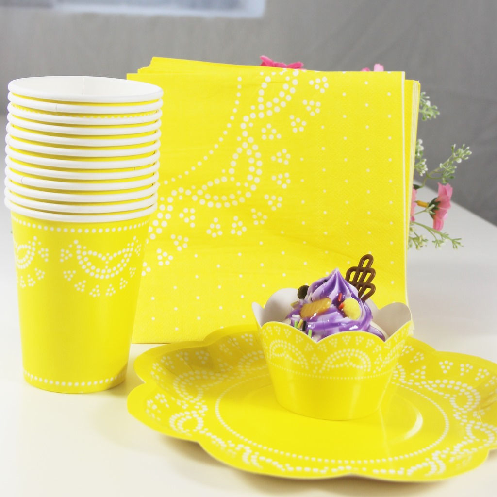 56PCs Lace Pattern Disposable Paper Tableware Set Wedding Baby Shower Birthday Party Supplies Decoration Paper Cupcake Cups Napkins Plates