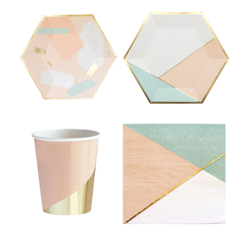 40PCs Modern Style Gold Rim Disposable Paper Tableware Set Birthday Wedding Decoration Geometric Paper Plates Cups Napkin Party Supplies