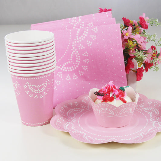 56PCs Lace Pattern Disposable Paper Tableware Set Wedding Baby Shower Birthday Party Supplies Decoration Paper Cupcake Cups Napkins Plates