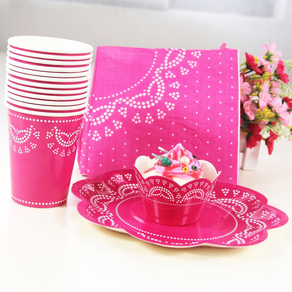 56PCs Lace Pattern Disposable Paper Tableware Set Wedding Baby Shower Birthday Party Supplies Decoration Paper Cupcake Cups Napkins Plates