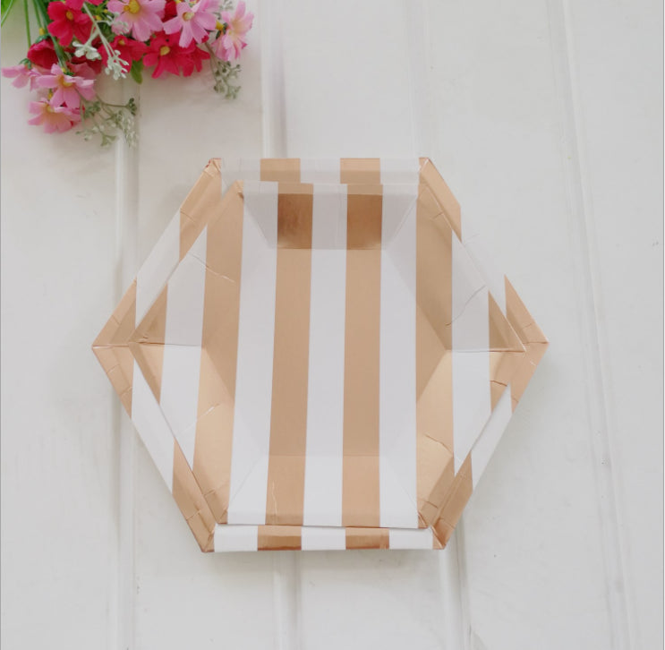 8PCs 8 inch Stripe Paper Plates for Picnic Dinner Party Wedding Disposable Hexagon Plate