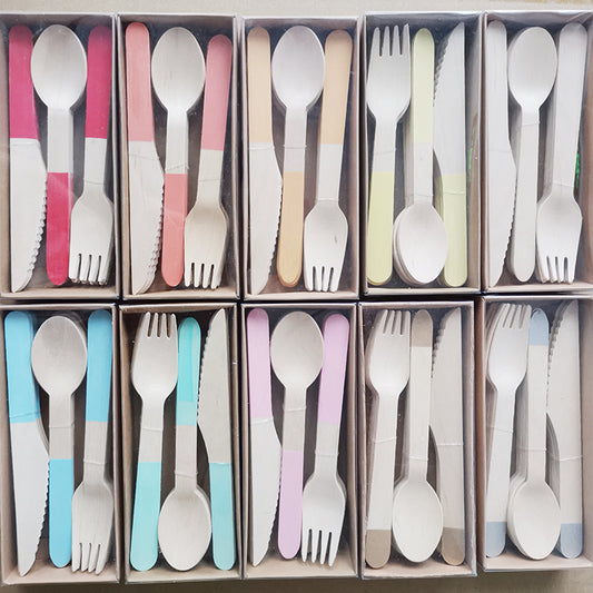 24PCs/Box Birch Wooden Disposable Cutlery Knife Forks Spoons Tableware Set Wedding Baby Shower Birthday Party Supplies Decorations
