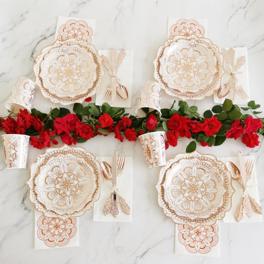 HOT 40PCs Luxury Golden Flower Disposable Paper Tableware Set for Birthday Wedding Baby Shower Decoration Paper Plates Cups Napkin Party Supplies
