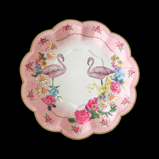 8PCs 7" Gold Edge Flamingo Floral Paper Plates Tableware Decorations Party Wedding Dinner Disposable Plate