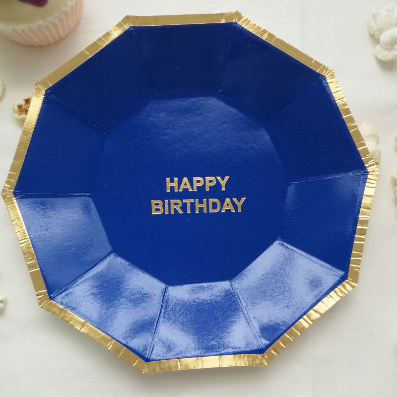 8PCs Golden Rim Happy Birthday Decagon Paper Plates 9 inch