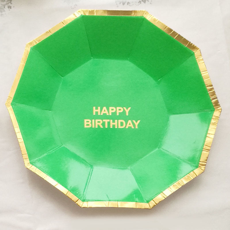 8PCs Golden Rim Happy Birthday Decagon Paper Plates 9 inch