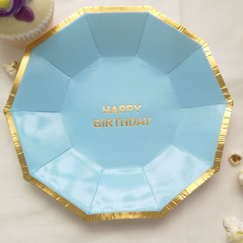 8PCs Golden Rim Happy Birthday Decagon Paper Plates 9 inch